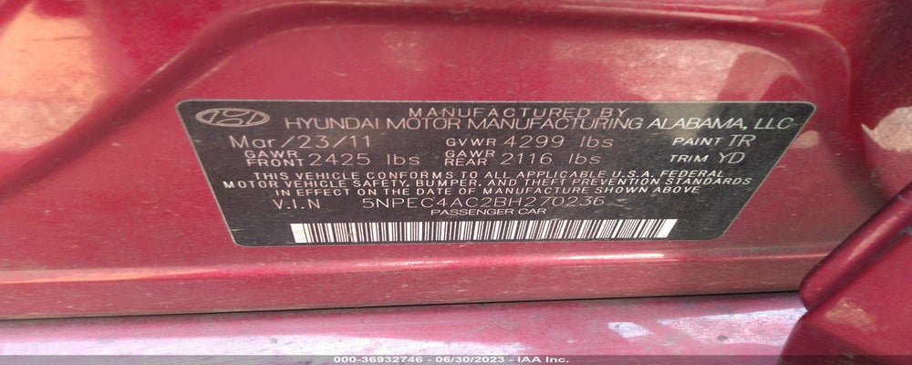 5NPEC4AC2BH270236 2011 HYUNDAI SONATA photo no. 9