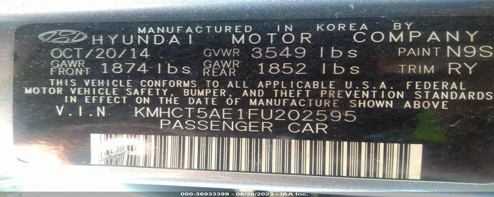 KMHCT5AE1FU202595 2015 HYUNDAI ACCENT photo no. 9