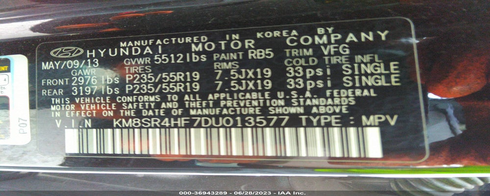 KM8SR4HF7DU013577 2013 HYUNDAI SANTA FE photo no. 9