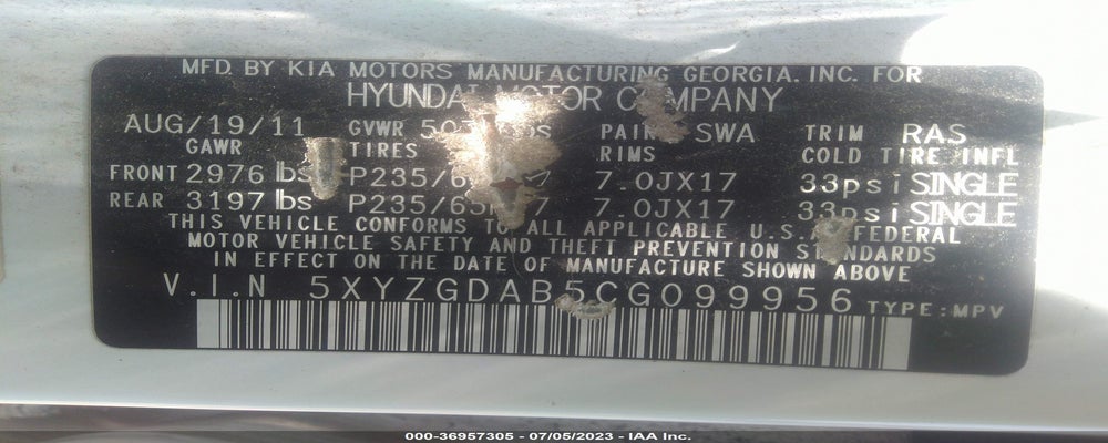 5XYZGDAB5CG099956 2012 HYUNDAI SANTA FE photo no. 9