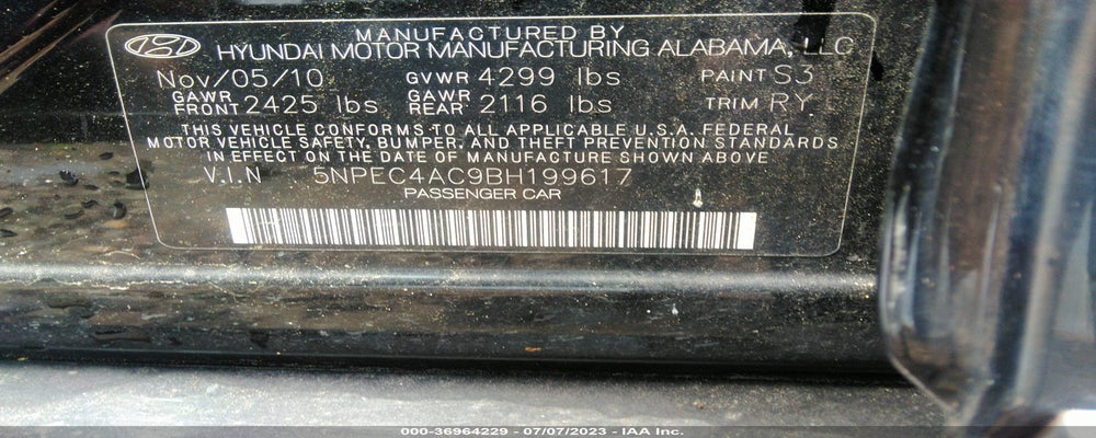 5NPEC4AC9BH199617 2011 HYUNDAI SONATA photo no. 9