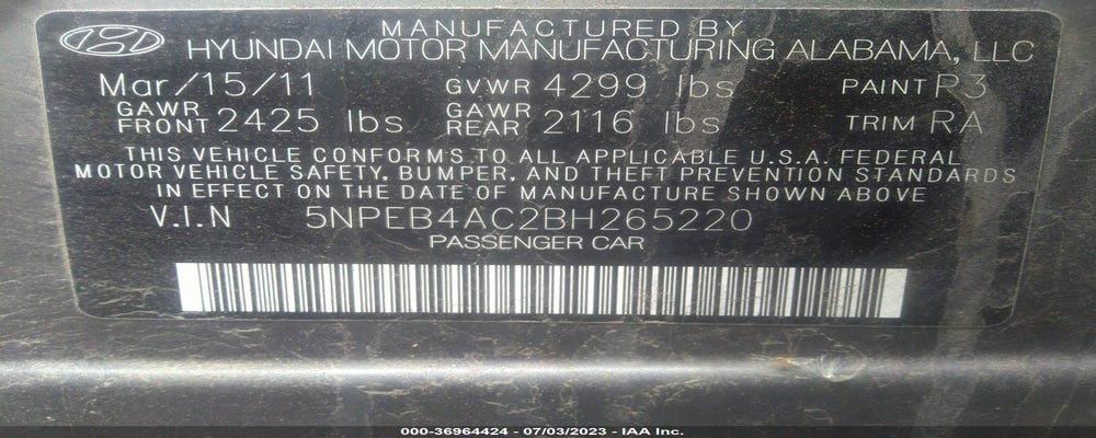5NPEB4AC2BH265220 2011 HYUNDAI SONATA photo no. 9