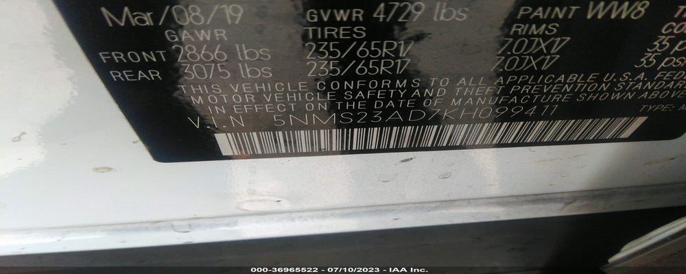 5NMS23AD7KH099411 2019 HYUNDAI SANTA FE photo no. 9