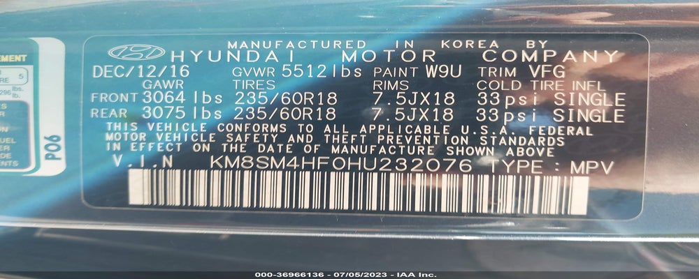 KM8SM4HF0HU232076 2017 HYUNDAI SANTA FE photo no. 9