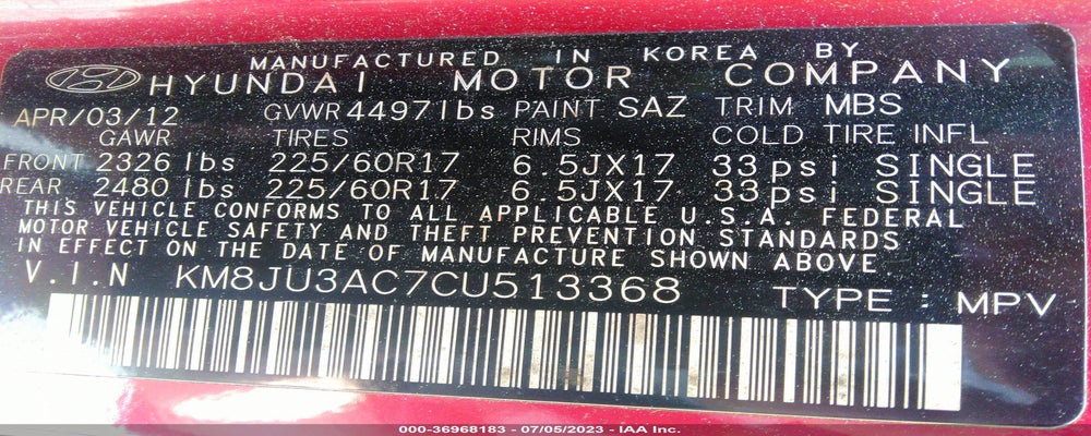 KM8JU3AC7CU513368 2012 HYUNDAI TUCSON photo no. 9