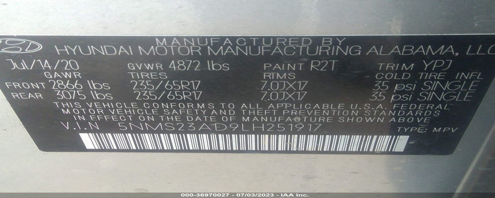 5NMS23AD9LH251917 2020 HYUNDAI SANTA FE photo no. 9