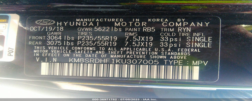 KM8SRDHF1KU307005 2019 HYUNDAI SANTA FE XL photo no. 9