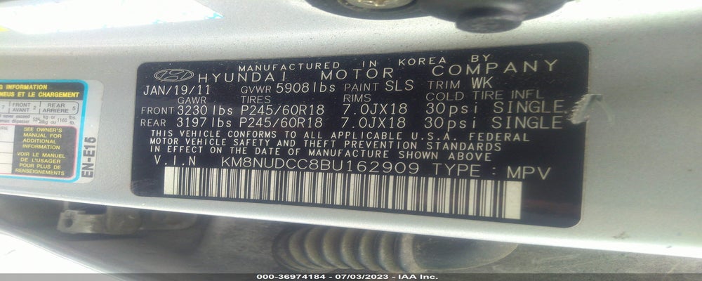 KM8NUDCC8BU162909 2011 HYUNDAI VERACRUZ photo no. 9