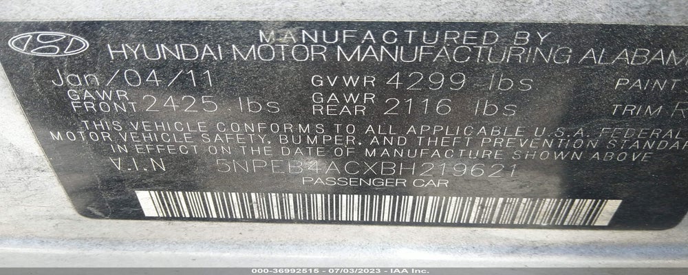 5NPEB4ACXBH219621 2011 HYUNDAI SONATA photo no. 9