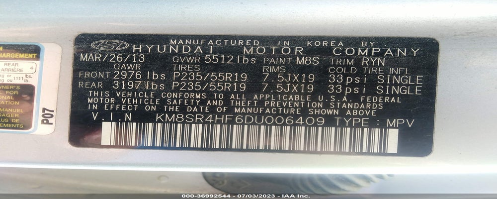 KM8SR4HF6DU006409 2013 HYUNDAI SANTA FE photo no. 9