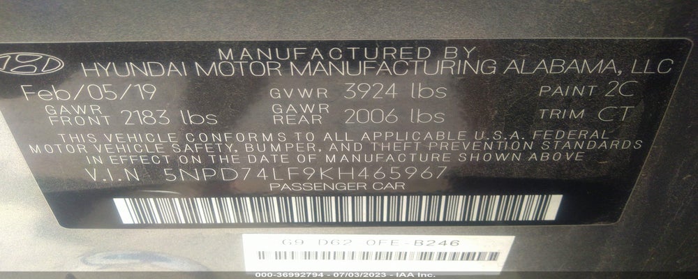 5NPD74LF9KH465967 2019 HYUNDAI ELANTRA photo no. 9