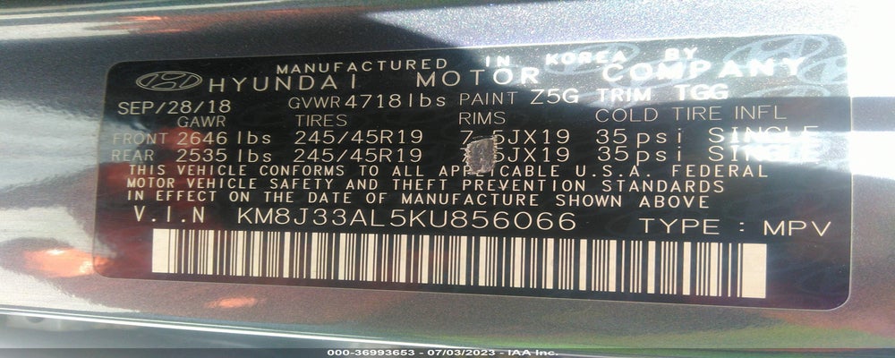 KM8J33AL5KU856066 2019 HYUNDAI TUCSON photo no. 9