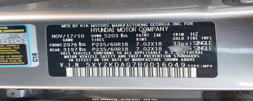5XYZKDAG7BG016049 2011 HYUNDAI SANTA FE photo no. 9