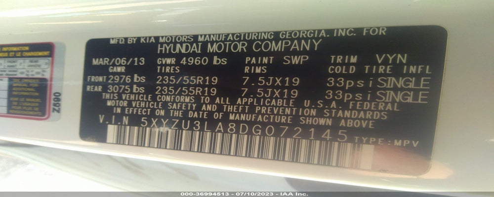 5XYZU3LA8DG072145 2013 HYUNDAI SANTA FE photo no. 9