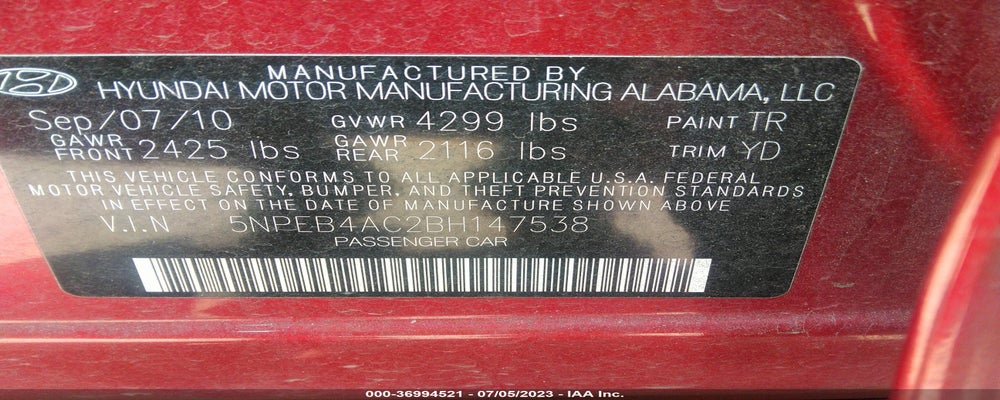 5NPEB4AC2BH147538 2011 HYUNDAI SONATA photo no. 9