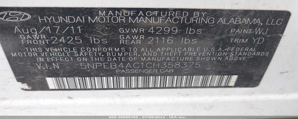 5NPEB4AC1CH358375 2012 HYUNDAI SONATA photo no. 9