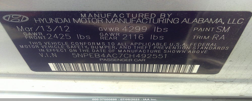 5NPEB4AC7CH492551 2012 HYUNDAI SONATA photo no. 9
