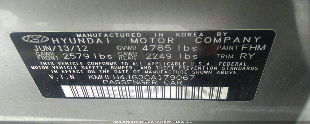 KMHFH4JG3CA179067 2012 HYUNDAI AZERA photo no. 9