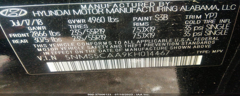 5NMS5CAA9KH014467 2019 HYUNDAI SANTA FE photo no. 9