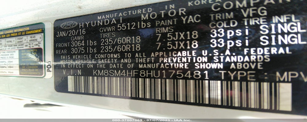KM8SM4HFFHU175481 2017 HYUNDAI SANTA FE photo no. 9