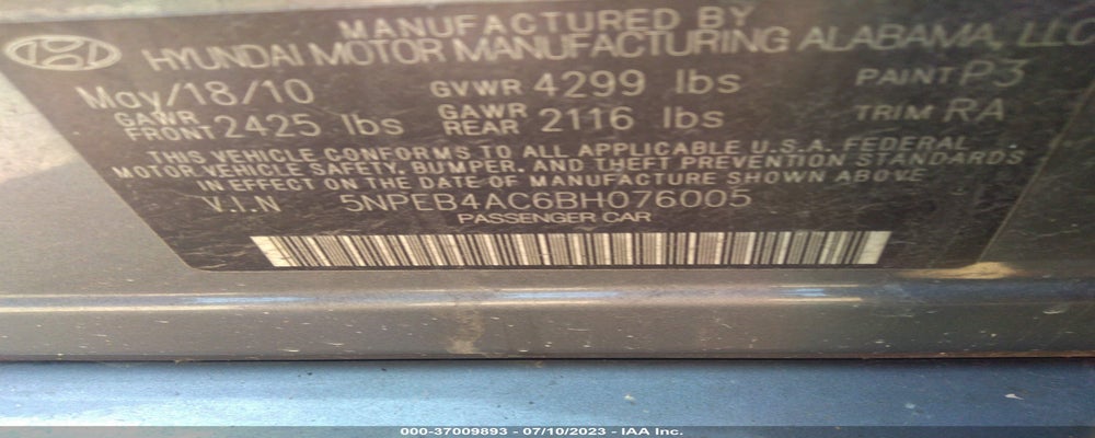 5NPEB4AC6BH076005 2011 HYUNDAI SONATA photo no. 9