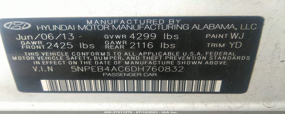 5NPEB4AC6DH760832 2013 HYUNDAI SONATA photo no. 9