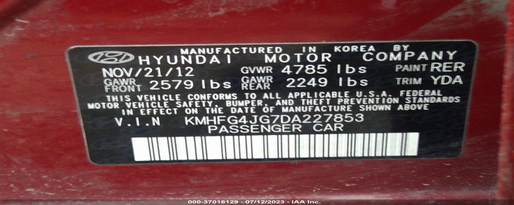 KMHFG4JG7DA227853 2013 HYUNDAI AZERA photo no. 9