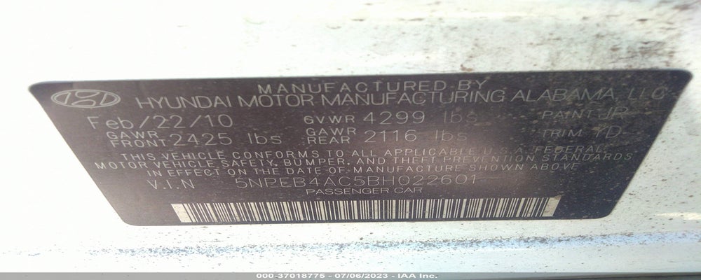 5NPEB4AC5BH022601 2011 HYUNDAI SONATA photo no. 9