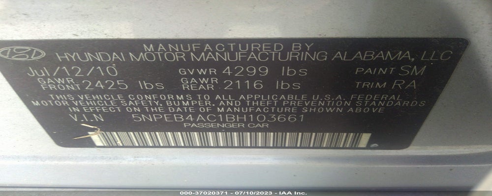 5NPEB4AC1BH103661 2011 HYUNDAI SONATA photo no. 9