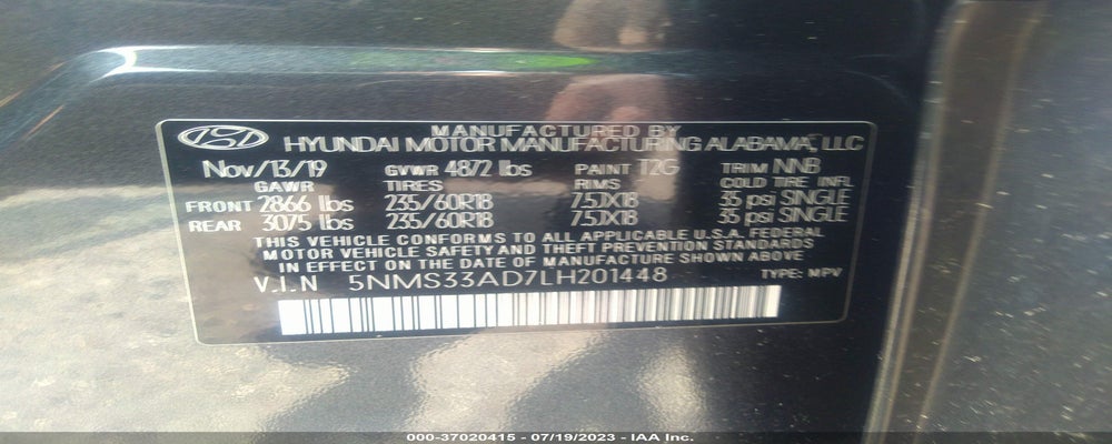 5NMS33AD7LH201448 2020 HYUNDAI SANTA FE photo no. 9