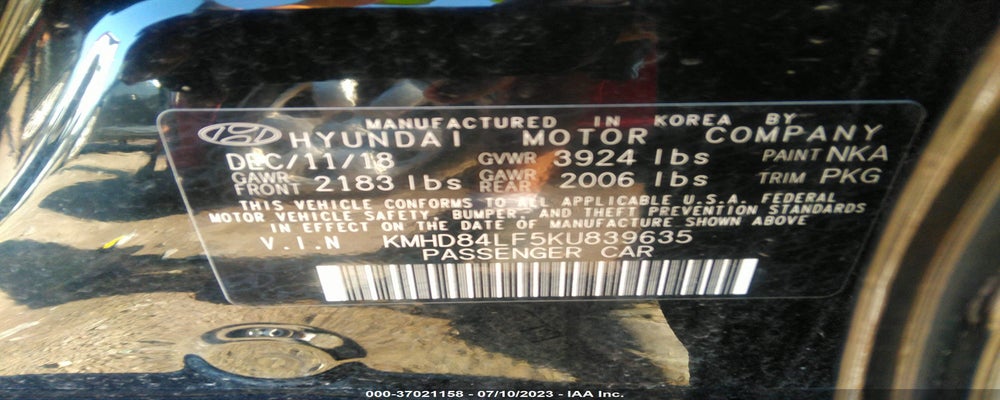 KMHD84LF5KU839635 2019 HYUNDAI ELANTRA photo no. 9
