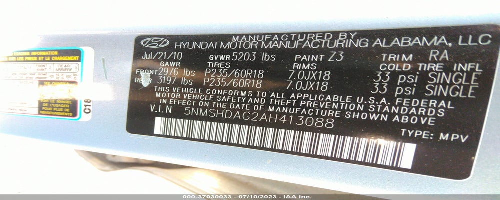 5NMSHDAG2AH413088 2010 HYUNDAI SANTA FE photo no. 9