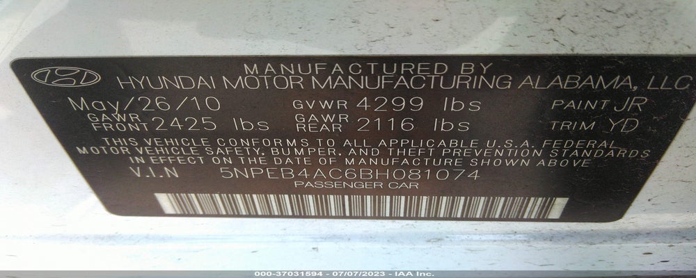 5NPEB4AC6BH081074 2011 HYUNDAI SONATA photo no. 9