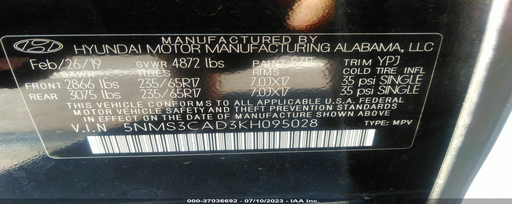 5NMS3CAD3KH095028 2019 HYUNDAI SANTA FE photo no. 9