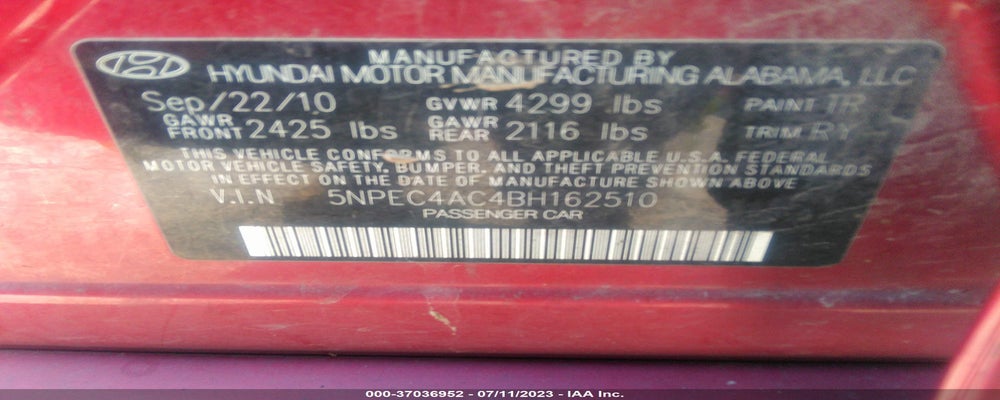 5NPEC4AC4BH162510 2011 HYUNDAI SONATA photo no. 9