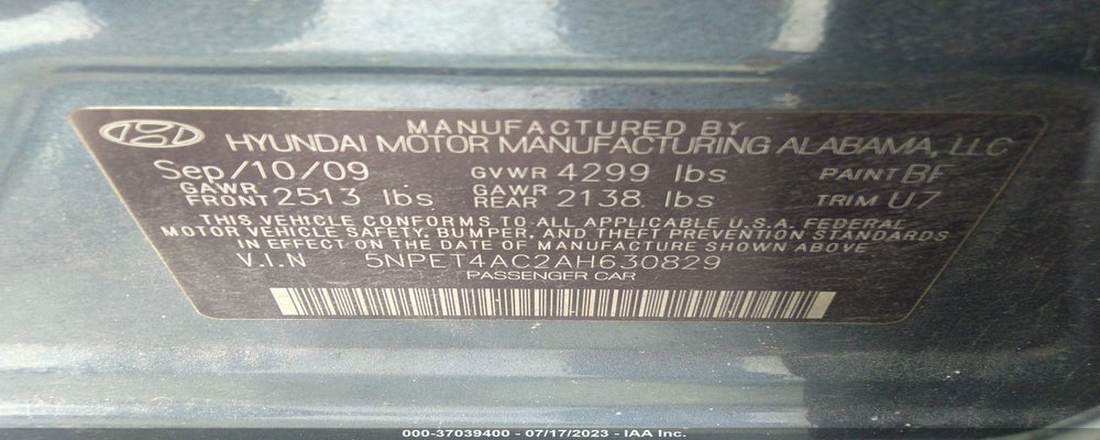 5NPET4AC2AH630829 2010 HYUNDAI SONATA photo no. 9