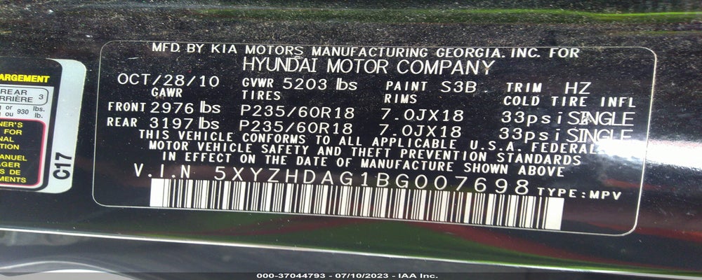 5XYZHDAG1BG007698 2011 HYUNDAI SANTA FE photo no. 9