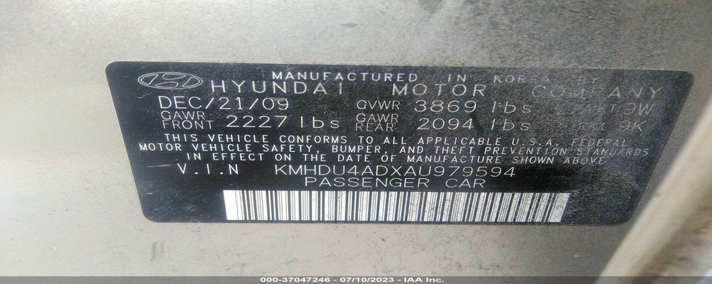 KMHDU4ADXAU497594 2010 HYUNDAI ELANTRA photo no. 9