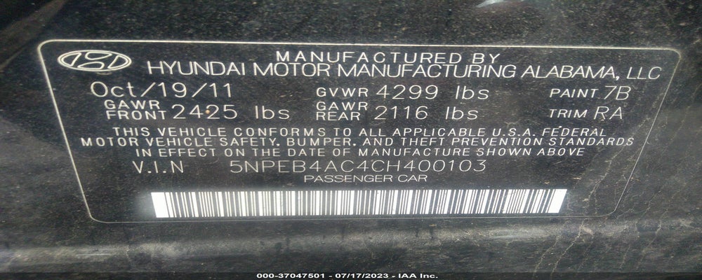 5NPEB4AC4CH400103 2012 HYUNDAI SONATA photo no. 9