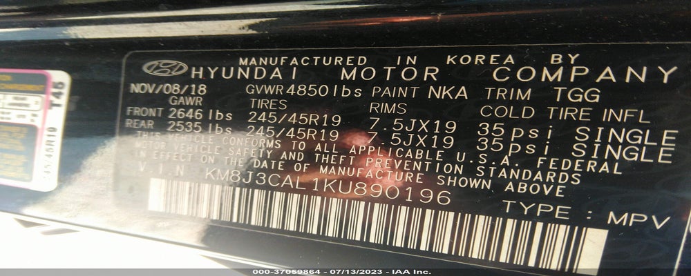 KM8J3CAL1KU890196 2019 HYUNDAI TUCSON photo no. 9