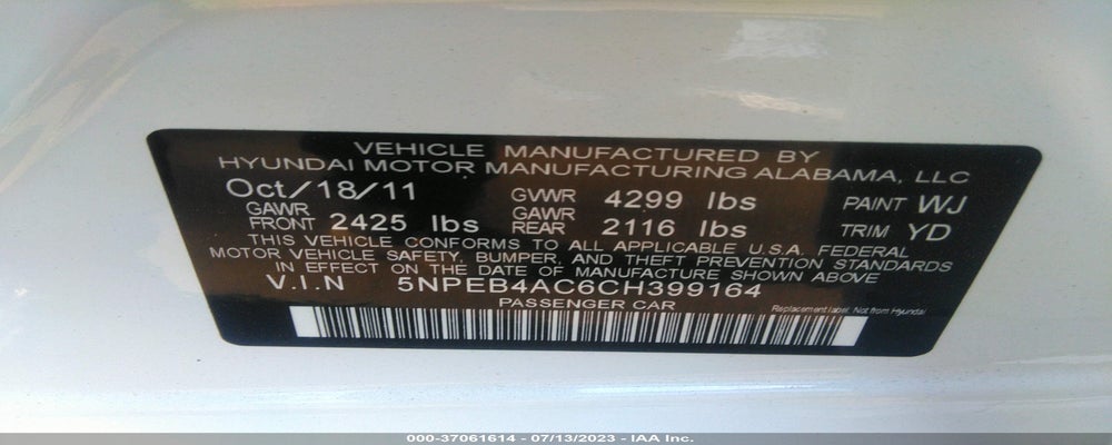 5NPEB4AC6CH399164 2012 HYUNDAI SONATA photo no. 9