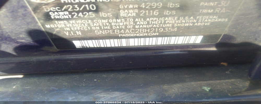5NPEB4AC2BH219354 2011 HYUNDAI SONATA photo no. 9