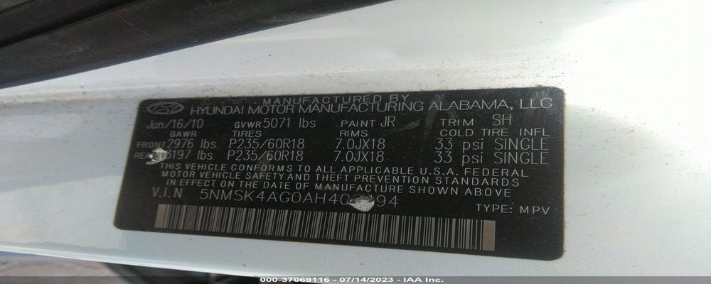 5NMSK4AG0AH402494 2010 HYUNDAI SANTA FE photo no. 9