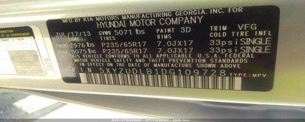 5XYZUDLB1DG109728 2013 HYUNDAI SANTA FE photo no. 9