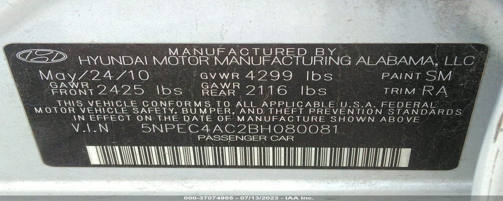 5NPEC4AC2BH080081 2011 HYUNDAI SONATA photo no. 9