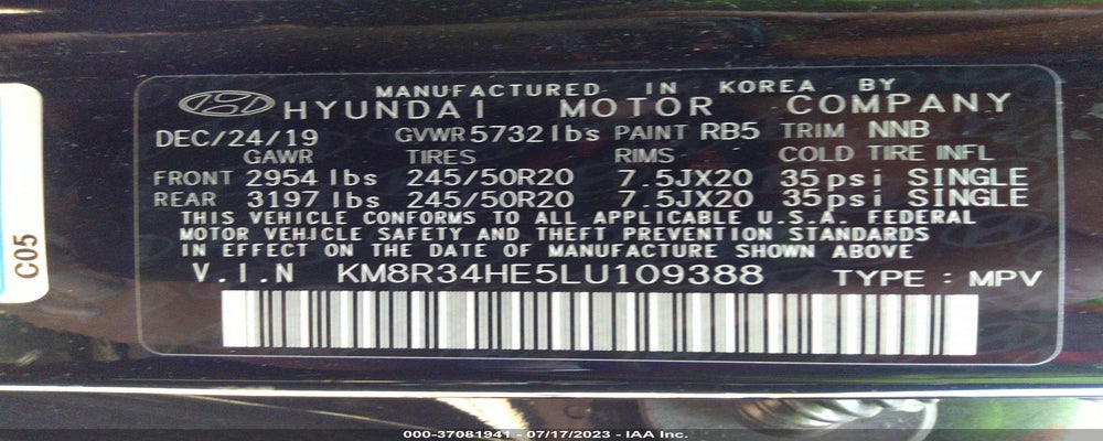 KM8R34HE5LU109388 2020 HYUNDAI PALISADE photo no. 9