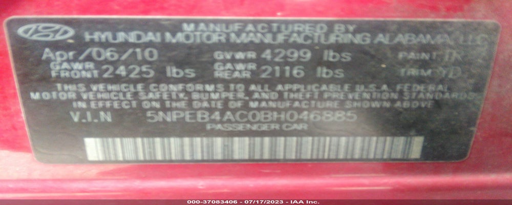 5NPEB4AC0BH046885 2011 HYUNDAI SONATA photo no. 9