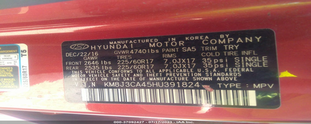 KM8J3CA45HU391824 2017 HYUNDAI TUCSON photo no. 9