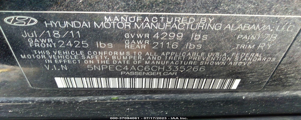 5NPEC4AC6CH335266 2012 HYUNDAI SONATA photo no. 9