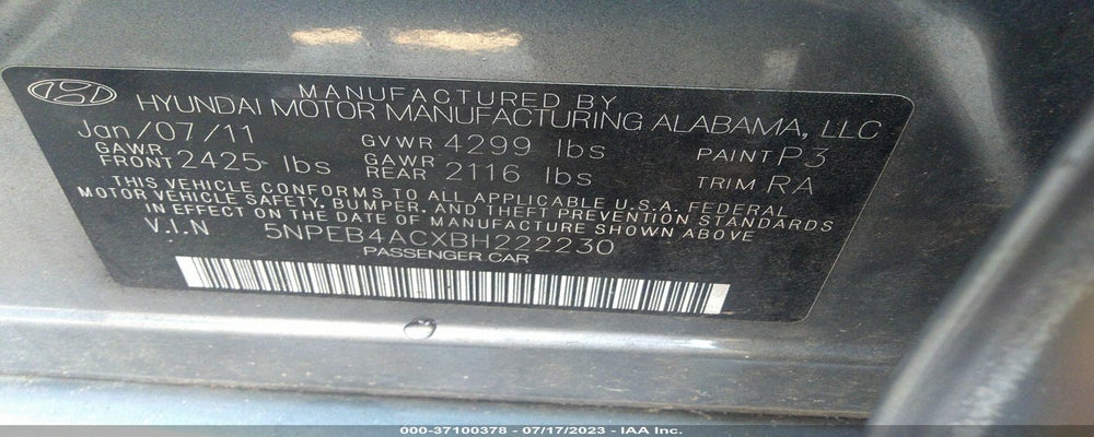 5NPEB4ACXBH222230 2011 HYUNDAI SONATA photo no. 9